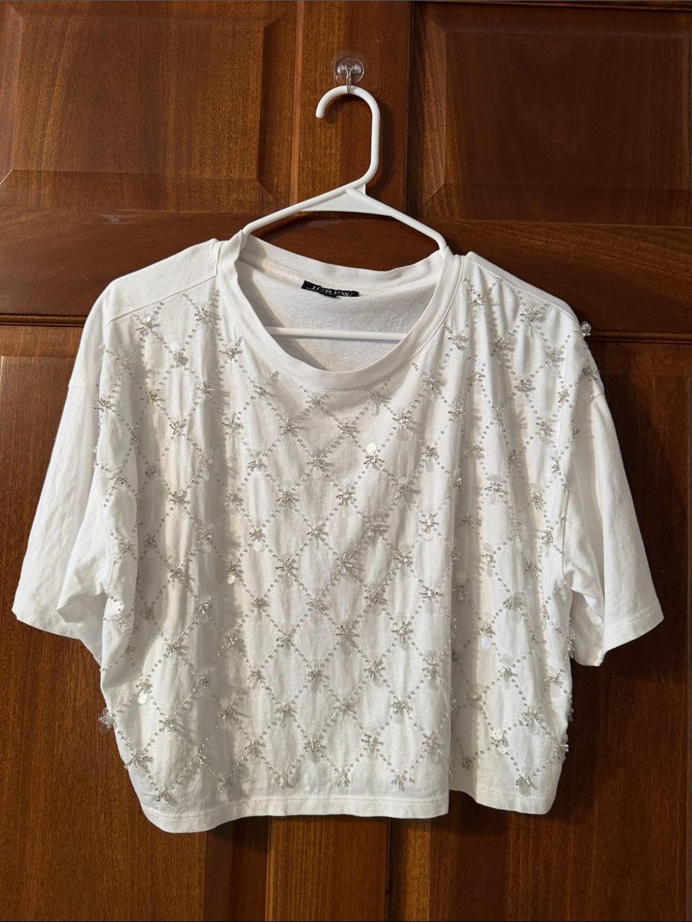 J. Crew White Beaded Cropped Tee